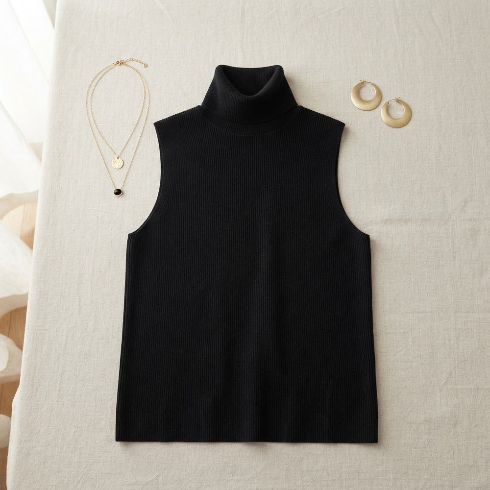 Kate Hill Turtleneck Top Womens L Black Ribbed Sleeveless Knit Chic Minimalist